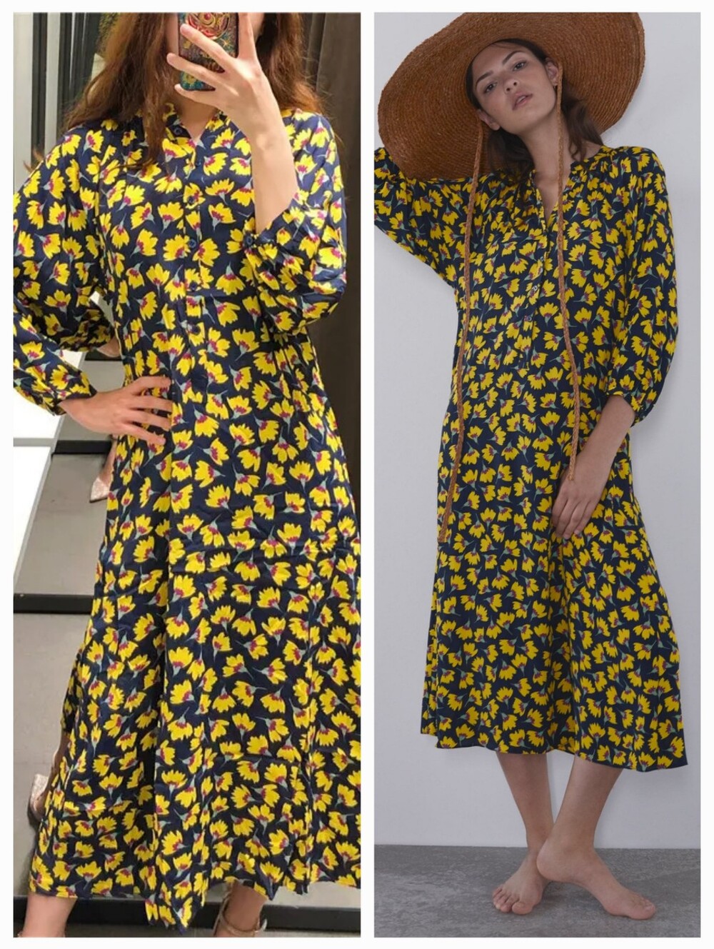 Zara Floral Dress Small S Midi Long 3/4 Sleeve Navy Yellow Casual Boho